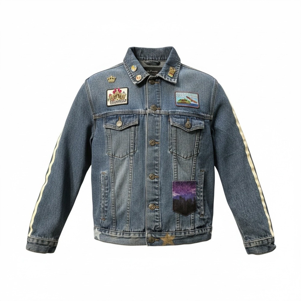 Navy Yard Denim Jacket Women Medium Blue Patches Pins Stars Stripes DIY Boho Art